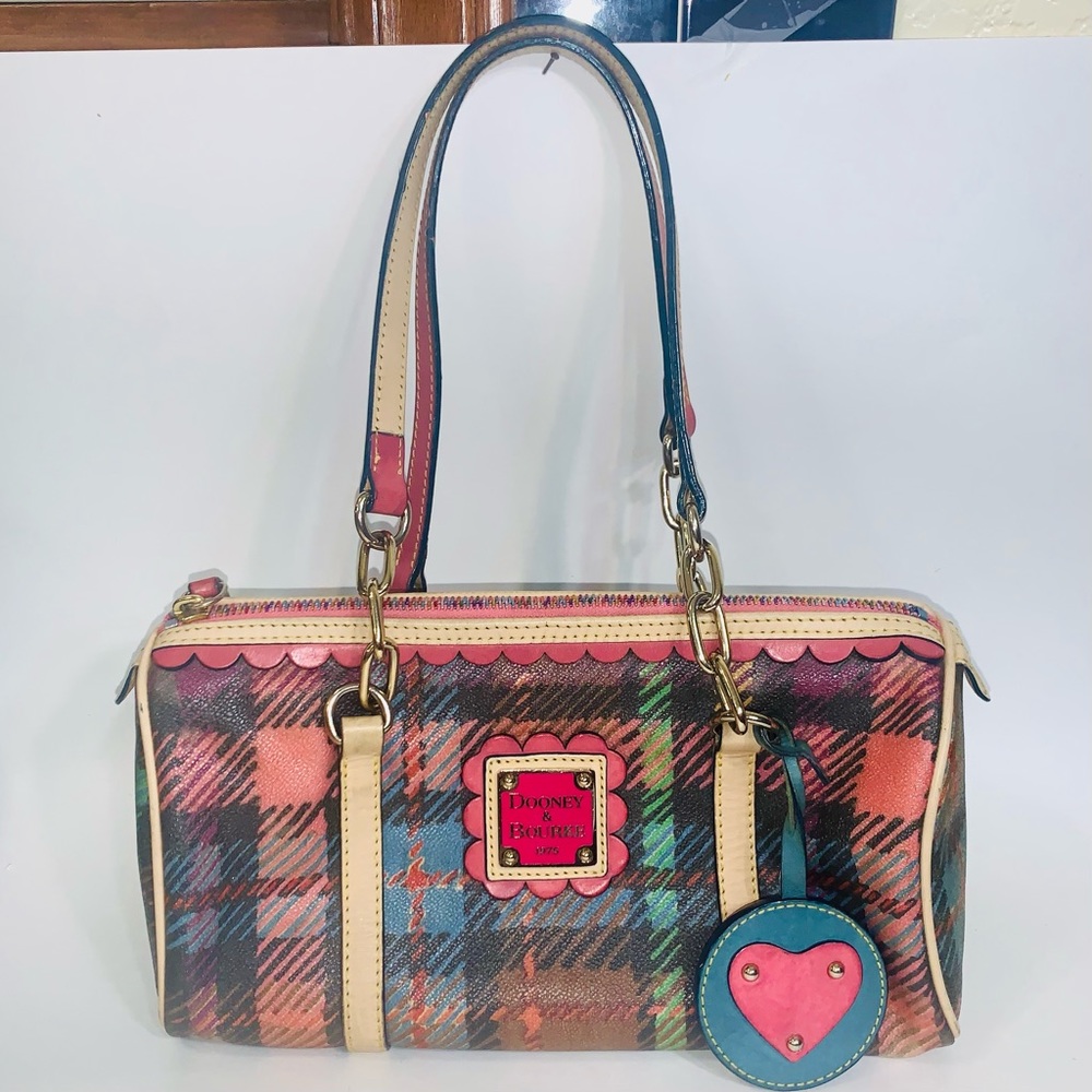 Dooney & Bourke Vintage CUTE Tartan Plaid Bag Satchel Coated Canvas Leather Trim